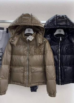 Пуховик куртка в стилі loewe з капюшоном чорний шоколад зима