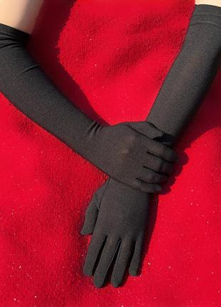 Длинные черные перчатки, стрейчевые перчатки женские, перчатки для фотосессии, варежки вечерние