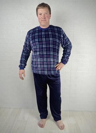 Пижама мужская махровая теплая синяя зимняя, домашний костюм 48-58р.