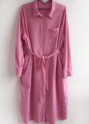 Льняное розовое платье рубашка с поясом кардиган из льна