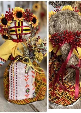 Мотанка "сварга" з букетом компліментом з сухих квітів, родинний оберіг, українська лялька ручна робота, 27 см.