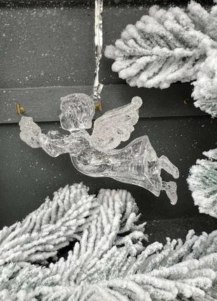 Ангел в полете прозрачный, подвеска пластиковая на елку, 10,5 см
