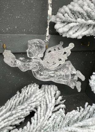 Ангел в полете прозрачный, подвеска пластиковая на елку, 10,5 см