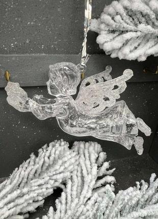 Ангел в полете прозрачный, подвеска пластиковая на елку, 10,5 см