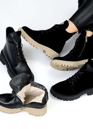 Крутые черные кожаные зимние ботинки низкий ход стильный дизайн