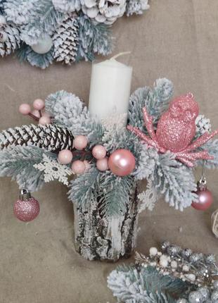 Новогодний подсвечник со свечой на пеньке, рождественская композиция на стол, висота...
