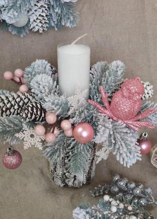 Новогодний подсвечник со свечой на пеньке, рождественская композиция на стол, висота...