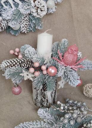 Новогодний подсвечник со свечой на пеньке, рождественская композиция на стол, висота...