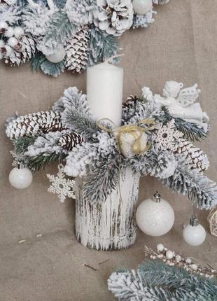 Новогодний подсвечник со свечой на пеньке, рождественская композиция на стол, висота...