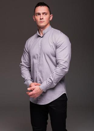 Мужская серая рубашка из льна, длинный рукав, воротник стойка3 фото