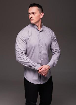 Мужская серая рубашка из льна, длинный рукав, воротник стойка5 фото