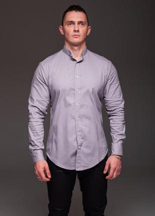 Мужская серая рубашка из льна, длинный рукав, воротник стойка6 фото