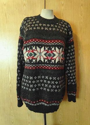 Сірий в'язаний светр з орнаментом, вовна, xl.