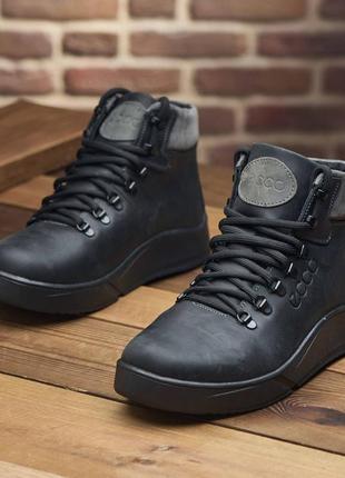 Зимові шкіряні спортивні черевики, кросівки на хутрі ecco nubuck black