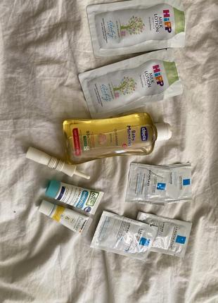 Олійка chicco, purelan medela, контейнер, круг, термометр, пробники hipp milk lotion та la roche