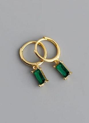 Серьги серебро позолота 18 к циркон зеленый сережки