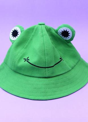 Зеленая панама лягушка с глазами ( детская ), шляпка веселая лягушка с резиночкой