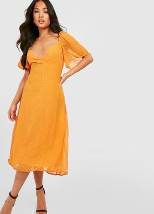 Женское модное летнее оранжевое сарафан миди воздушное платье