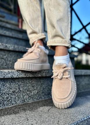 Бежевые женские зимние кроссовки кеды из натуральной замши замшевые зимние кроссовки...