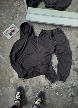 Весняний осінній чоловічий костюм тринитка петля без начосу графіт базовий base худі штани графітового кольору