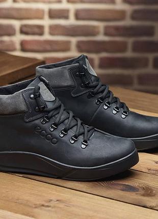 Кожаные спортивные ботинки, кроссовки на меху ecco nubuck black