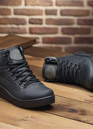 Кожаные спортивные ботинки, кроссовки на меху ecco nubuck black