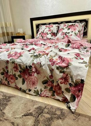 Постельное белье бязь голд коричневое вилла роза🌹🥰, простинь на резинці бязь голд, простирадло на резинці бязь голд