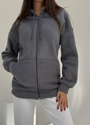 Флісова тепла кофта (толстовка) фліска жіноча на блискавці та капюшоном 42-52 графіт (темно-сіра)