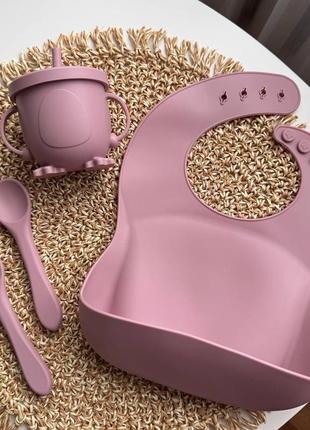 Набор детской силиконовой посуды 9 предметов на присосках цвет розовый пакунок малюка