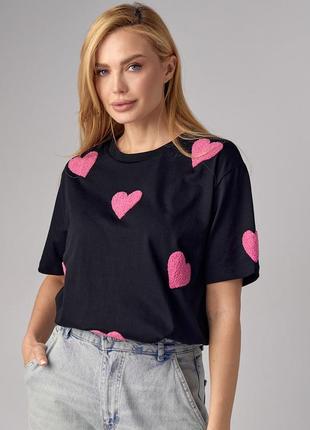 Женская футболка oversize с сердечками - черный цвет, s (есть размеры)