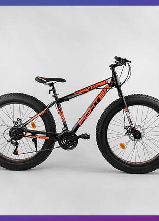 Велосипед фетбайк двоколісний зі швидкостями 21 шт. corso fighter 78818 26" колеса 15" рама жовтогарячий