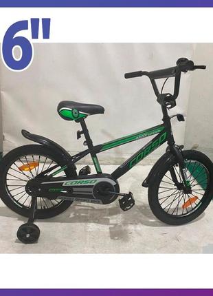 Велосипед детский двухколесный corso st-16312 16" рост 100-120 см возраст 4 до 7 лет черно-зеленый