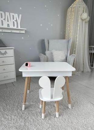 Детский столик и стульчик белый. столик с ящиком для карандашей и разукрашек