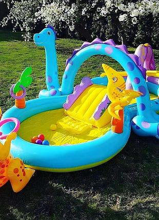 Детский надувной игровой центр бассейн с горкой  intex 57135 np планета динозавров