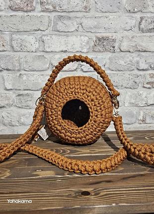 Сумка стрекоза горчица вязаная крючком круглая дизайнерская ручной работы