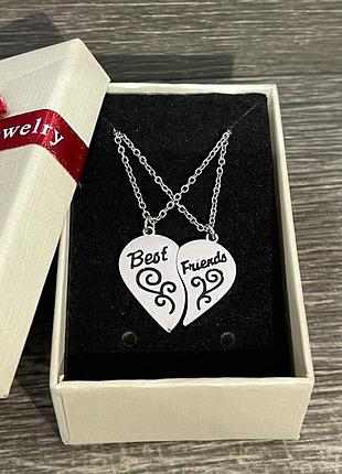 Парные кулоны пазлы "половинки сердца вest friends" ювелирная сталь на цепоках в коробочке на подарок подругам