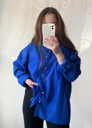 Синя рубашка - жатка / тканина жатка / синя рубашка оверсайз / oversize / рубашка вільного крою
