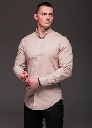 Мужская бежевая рубашка из льна, длинный рукав, воротник стойка5 фото