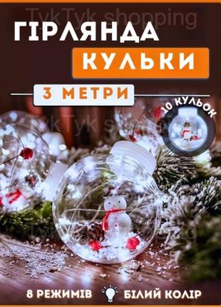 Новорічна гірлянда штора кульки 3м завіса кулі з наповненням сніговик 10 куль світлодіодна на вікно ялинку