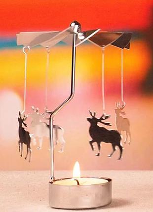 Подсвечник карусель вращающийся олень серебристый рк0085-o