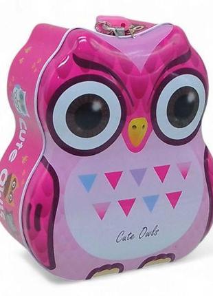 Копилка металлическая с замочком "сова", розовая