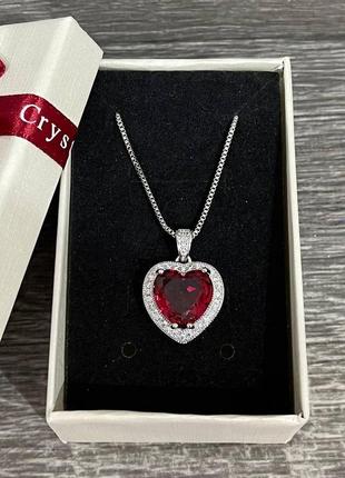 Кулон "малиновое сердце в серебре" с цирконами на цепочке ювелирный сплав в подарочной коробочке