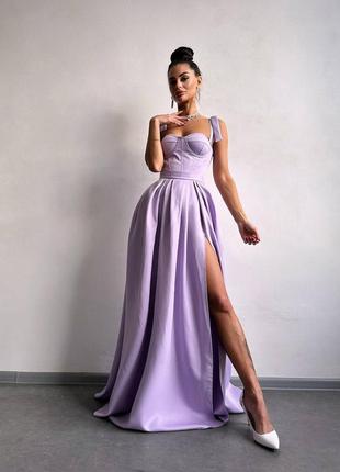 Женское изысканное нарядное вечернее сиреневое длинное платье с корсетным верхом в пол на выпускной10 фото