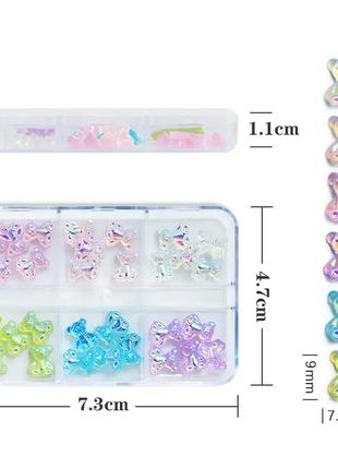 Объемные фигурки для ногтей мишки 3d в боксе на 6 отсеков, набор 30 шт