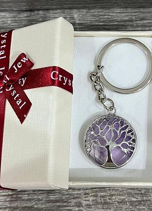 Кулон с натуральным камнем аметист в оправе "древо жизни" на брелке в подарочной коробочке