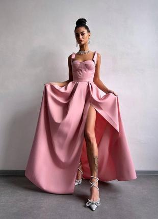 Жіноча вишукана ошатна вечірня рожева довга сукня з корсетним верхом в підлогу на випускний