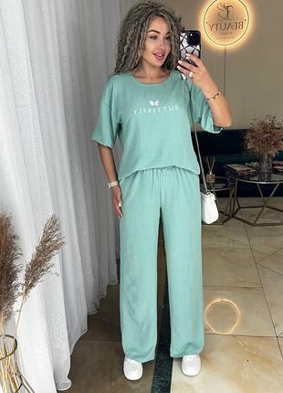 Летний прогулочный брючный женский костюм с принтом, летний костюм креп-жатка, костюм батал / 42-44,46-48,50-52<unk> / мод 256