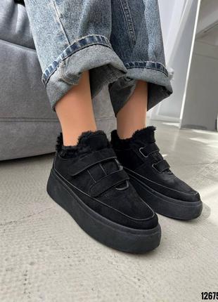 Черные замшевые зимние кроссовки кеды с мехом на меху с липучками на липучках высокой толстой подошве платформы зима