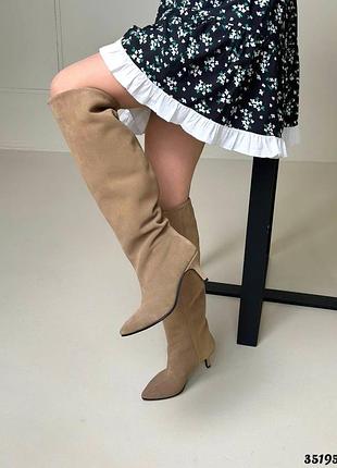 35195👑сапоги на маленьких каблуках с острым носиком в натуральной замше на байке