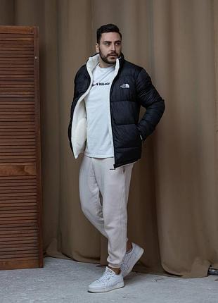 Чоловіча зимова двостороння куртка the north face зе норт фейс чорна на овчині унісекс